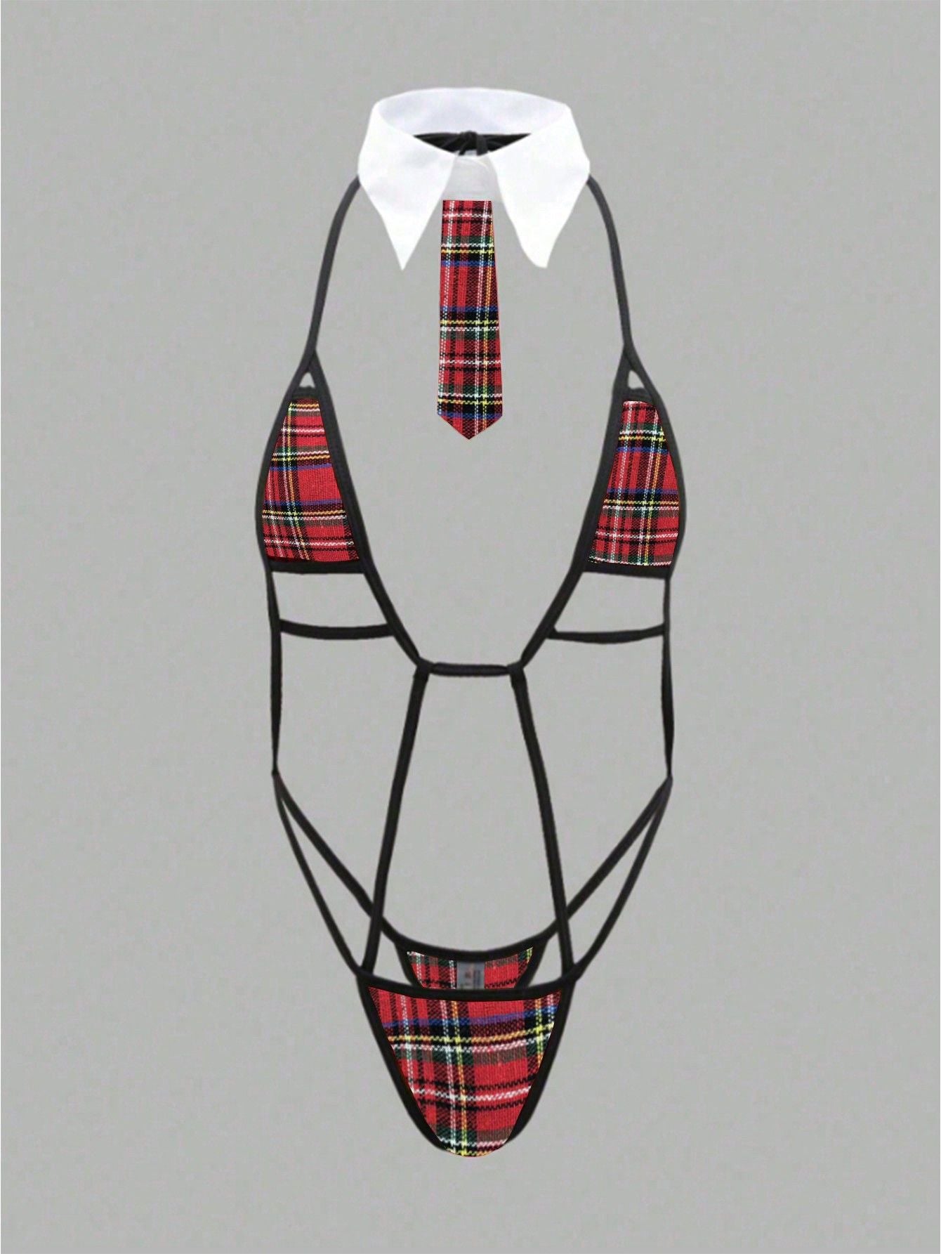 Image of Cross-border foreign trade explosive women's sexy tie strap-on one-piece plaid hollow sex set spot wholesale women